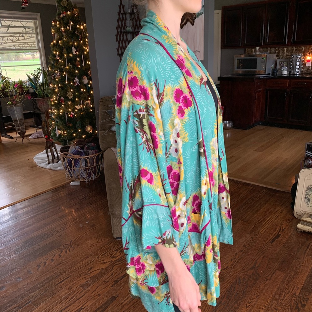Anthropologie teal floral kimono - Picture 3 of 3